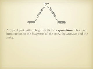 • A typical plot pattern begins with the exposition. This is an
  introduction to the background of the story, the characters and the
  setting.
 
