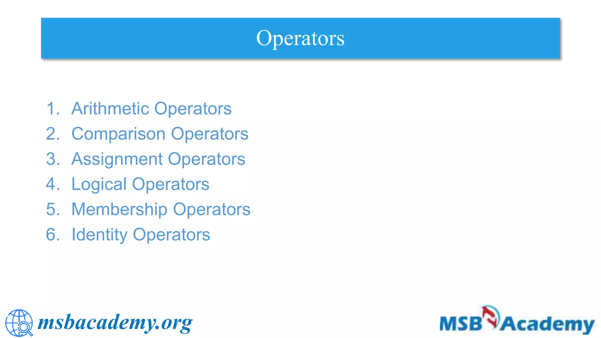 msbacademy.org
Operators
1. Arithmetic Operators
2. Comparison Operators
3. Assignment Operators
4. Logical Operators
5. Membership Operators
6. Identity Operators
 