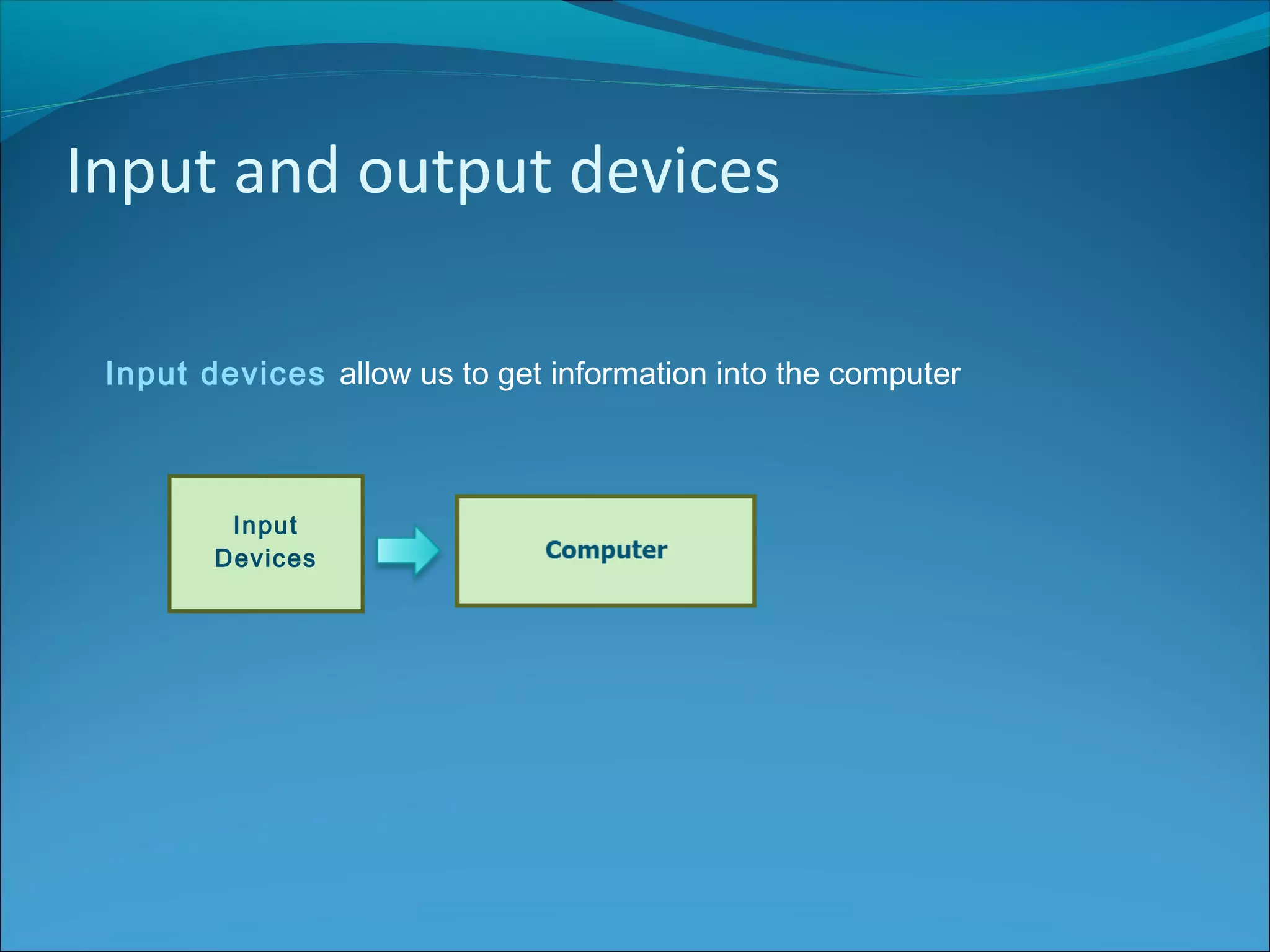 Input and output devices
Input devices allow us to get information into the computer
Input
Devices