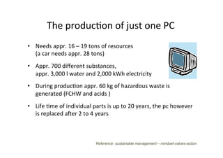 The	
  produc1on	
  of	
  just	
  one	
  PC	
  
•  Needs	
  appr.	
  16	
  –	
  19	
  tons	
  of	
  resources	
  	
  
(a	
  car	
  needs	
  appr.	
  28	
  tons)	
  	
  
•  Appr.	
  700	
  diﬀerent	
  substances,	
  	
  
appr.	
  3,000	
  l	
  water	
  and	
  2,000	
  kWh	
  electricity	
  
•  During	
  produc1on	
  appr.	
  60	
  kg	
  of	
  hazardous	
  waste	
  is	
  
generated	
  (FCHW	
  and	
  acids	
  )	
  	
  
•  Life	
  1me	
  of	
  individual	
  parts	
  is	
  up	
  to	
  20	
  years,	
  the	
  pc	
  however	
  
is	
  replaced	
  aYer	
  2	
  to	
  4	
  years	
  
Reference: sustainable management – mindset-values-action
 