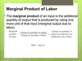 The  marginal product  of an input is the additional quantity of output that is produced by using one more unit of that input (marginal output due to labor). Marginal Product of Labor 