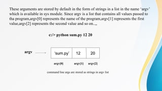 These arguments are stored by default in the form of strings in a list in the name ‘argv’
which is available in sys module. Since argv is a list that contains all values passed to
tha program,argv[0] represents the name of the program,argv[1] represents the first
value,argv[2] represents the second value and so on..,,
c:/> python sum.py 12 20
argv
argv[0] argv[1] argv[2]
command line args are stored as strings in argv list
‘sum.py’ 12 20
 
