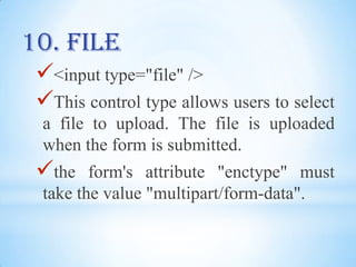 Radio button groupings all have the same name attribute, and each value is different. If a reader chooses one value, all the other values will be deselected.5. Submit<input type="submit">
