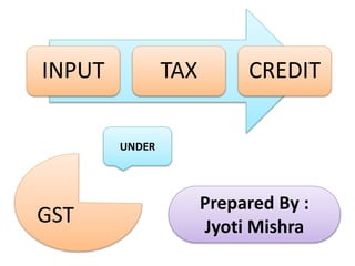 INPUT TAX CREDIT
UNDER
GST
Prepared By :
Jyoti Mishra
 