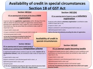 Availability of credit in special circumstances
Section 18 of GST Act
Section 18(1)(a)
ITC on opening stock of inputs at the time of new
registration
A person who has applied for registration within 30 days from the
date on which he becomes liable to registration and has been
granted such registration shall, subject to such conditions and
restrictions as may be prescribed, be entitled to take credit of
input tax in r/o;
i) inputs held in stock, and
ii) inputs contained in semi finished goods held in stock, or
iii) finished goods held in stock
on the day immediately preceding the date from
which he becomes liable to pay tax under the
provisions of this Act.
Section 18(1)(b)
ITC on opening stock of inputs in case of voluntary
registration
A person who obtains voluntary registration is entitled to take
credit of input tax in r/o;
i) inputs in stock , and
ii)inputs contained in semi finished goods held in stock, or
iii)finished goods held in stock,
held on the day immediately preceding the date of registration.
Section 18(1)(c)
ITC on opening stock of inputs/capital goods if
taxable person switching from composition scheme
A registered taxable person ceases to pay tax under Section 10 i.e.
Composition Scheme, shall, be entitled to take credit of input tax in
r/o,
i) inputs held in stock, and
ii)inputs contained in semi-finished goods held in stock , or
iii)finished goods held in stock , and
iv)Capital goods
on the day immediately preceding the date from which he becomes liable
to pay tax under section 9(i.e. Regular dealer).
Section 18(1)(d)
ITC on exempt supply becoming taxable
A registered taxable person shall, subject to such conditions and
restrictions as may be prescribed, be entitled to take credit of
input tax in r/o,
i) inputs held in stock, and
ii)inputs contained in semi-finished goods held in stock, or
iii)finished goods held in stock, and
iv)Capital goods exclusively used for such exempt supply
on the day immediately preceding the date from which such supply
becomes taxable.
Availability of credit in
special circumstances
 