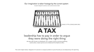 A TAX
leadership has to pay in order to argue
they were doing the right thing
old, slow, static formats, not distributed, not in a system of action, promotes einstellung,
avoids outliers, creative opinions and is infested with the Hawthorne effect.
Our imagination is taken hostage by the current system
(A system designed to preserve a very lucrative business model)
The current insight industry i designed to fit customers to company’s problems to prove that what you are already doing is the right thing
SOURCE: HTTPS://OPENCLIPART.ORG/
 