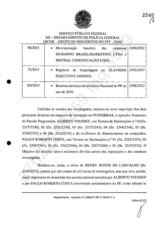 •
•
2540
SERVI<;:O PUBLICO FEDERAL
MJ - DEPARTAMENTO DE POLiciA FEDERAL
DICOR - GRUPO DE INQUERITOS DO STF GINQ-
08/2015 • Movimenta~â.o bancâria das empresas 2490/2502
MURANNO BRASIL/MARKETING LTDA e
MISTRAL COMUNICA<;:ĂO LTDA.
75/2015 • Registros de hospedagem no SLAVIERO 2502/2507
EXECUTIVE JARDINS.
SN/2015 • Receitas eleitorais do Diret6rio Nacional do PP na 2508/2513
ano de 2010.
Colhidas as versoes dos investigados, realizau-se nova inquiri<;â.o dos dois
principais delatores do esquema de corrup<;âo na PETROBRAS, o operador financeiro
do Partido Progressista, ALBERTO YOUSSEF, nos Termos de Declarac;6es n.o 01 (fis.
2327/2330), 02 (fis. 2331/2336), 03 (fis. 2337/2343), 04 (fis. 2344/2349), 05 (fis.
2350/2352) e 06 (fis. 2514/2518) e do ex-Diretor de Abastecimento da companhia,
PAULO ROBERTO COSTA, nos Termos de Declarac;6es n.o 01 (fis. 2353/2357), 02
(fis. 2358/2361), 03 (fis. 2362/2366), 04 (fis. 2367/2368) e 05 (fis. 2519/2522). O
Objetivo foi detalhar tatos e esclarecer duvidas acerca das imputa<;6es e das condutas
investigadas.
Realizou-se, ainda, a oitiva de HENRY HOYER DE CARVALHO (fis.
2369/2372), pessoa que nao consta do rol inicial de investigados, mas que teve, parern,
papel importante no desenrolar dos acontecimentos narrados por ALBERTO YOUSSEF
e por PAULO ROBERTO COSTA envolvendo parlamentares do PP, como adiante se
Requerimento . Inquerito n° 3.989/DF (RE n° 08/2015-1)
(ti
37022289859
Inq
3989
 