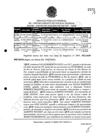 •
•
2572
SERVI<;:O PUBLICO FEDERAL
MJ - DEPARTAMENTO DE POLiCIA FEDERAL
..........D..I..C..OR - GRUPO DE DO STF - GINQ
CPF/CNPJ
~~~j'l~0~0';88~'~'1~6~91~0~oo~i~~~,~01~'3~4~0~'937/000' 250,OOO,O"NELSON, 1-05 1-79 --.JL....!~~___'__----..Jl O':MEURER
00.887.169;000 ENGENHARI 01.340.937/000 4/09/14 011110600000PROOOOl 100.000,0 NELSON
1-05 A S.A 1-79 1 O MEURER
~:I~n~l- 00.887.169/000 '~~~~~~:;,TO1.340.937/000,iI4/09(:':~;-;;600000p·~;·~r-;;~~~~;~;S;;;-J'
----l l-OS ')A$.A._b 1-79 .Ii :..... _JL___~ MEURER _
Dlre~ao GALVAO
Nacional 00,88
1
"01,69/000 ENGENHARI 01340.937/000 1/10/14 Olll10600000PR00003 467.000,0 NELSON
A S.A 1-79 2 O MEURER
Inquirido acerea dos fatos nos autos do Inquerito n° 3997, NELSON
MEURER alegau, em sintese (fis. 1942/1947):
"QUE conheceu PAVLO ROBERTO COSTA, em 2011. quando o declarante
era lider do partido PP, tendo ido ao seu encontro na PETROBRAS, na sede
do Rio de .laneiro, onde hUSCOll. no interesse da cidade de Siio Mateu.'> do
Sul, compor a possibilidade de doravante haver os pagamentos devidos de
royalties daquele municipio; QUE somente nesta oportunidade, o declarante
esteve presente na sede da PETROBRAS no Rio de Janeiro; QUE năo se
recorda quem mais esteve nessa reuniilo, se o prefeito da cidade ou seus
assessores; QUE alem desse contato pessoal, recorda-se de ler eSlabelecido
contalo ao telefone em uma unica oportunidade corn PAULO ROBERTO
COSTA, quando solicitou uma audiencia com o Deputado Federal
ROBERTO BALESTRA para tratar de assuntos relacionados a compra e
venda de alcool;... QUE conheceu ALBERTO YOVSSEF. por intermedia de
JOSE JANENE, como uma pessoa ligada a ele, da mesma cidade de
Londrina, como empresario do rama hoteleiro e da drea jinanceira, niio
sabendo precisar qual area jinanceira; QUE nilo se recorda quando isto
ocorreu, nem o local especifico; QUE "por acasa" ALBERTO YOUSSEF
estava corn JOSE JANENE, quando o declarante chegou e foi apresentado
a ele; QUE nunca teve qualquer relacionamento corn ALBERTO YOVSSEF,
politico, de amizade ou negocios em comum; QUEj6 esfeve no escril6rio de
ALBERTO YOVSSEF, por duas ou tres vezes; QUE corn relQ(;iio li primeira
oporlunidade, esteve no escrit6rio apenas para se enconlrar com o irmilo de
MARIO NEGROMONTE, que trabalhava ou trobalha no mesmo local, para
Requerimento - Inquerito n° 3.989jDF (RE n° 08/2015-1)
Folha 36/122
IV
rr
37022289859
Inq
3989
 