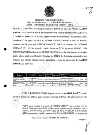 2622
SERVI(:O PUBLICO FEDERAL
MJ - DEPARTAMENTO DE POLÎCIA FEDERAL
DICOR - GRUPO DE INQUERITOS DO STF - G1NQ
QUEIROZ GALVĂO a diversos parlamentares do PP e um unica do PMDB, VALDIR
RAUPP. Essas tratativas foram detalhadas em dois e-mails trocados entre ALBERTO
YOUSSEF e OTHON ZANOIDE, representante da construtora. No primeiro deles,
datado de 17 de agosto de 2010, ALBERTO YOUSSEF informa a conta do diret6rio
naeional do PP para que OTHON ZANOIDE realize as doa<;6es da QUEIROZ
• GALVĂO (fi. 110). No segundo e-mail, datado de 30 de agosto de 2010 (fi. 112),
OTHON ZANOIDE cobra de ALBERTO YOUSSEF o reeibo das doa,6es realizadas,
dentre eles o recibo do Diret6rio Estadual do PMDB de Rondonia, destinatârio dos
recursos que seriam posteriormente repassados a conta de campanha de VALDIR
•
RAUPP (fis. 105/106):
Doador CPF/CNPJ
GALVĂO 33.412.792/0001- 1/09/10 15000003605200.00000TransferenciaDiret;ao . , PMDB
60 ' eletronlCa EstadualjDlstntal
60 I I
PAULO ROBERTO COSTA imputa tambem a VALDIR RAUPP atua,iio
direta na articula~âo polîtica gue o manteve no cargo de Diretor de Abastecimento (fis.
2367):
"QUE, corn relaţiio il atuQţăo de VALDIR RAUPP nas reuni8es corn as
demais lideram;as do PMDB, o Declarante afirma que se encontrou corn o
mesmo, provavelmente, por (reS vezes na casa de RENAN CALHE/ROS;
QUE eram nes/as ocasioes na casa de RENAN CALHEIROS, eventualmenle
Requerimento - Inquerito n° 3.989/DF (RE n° 08/2015-1)
Folha 86/122
~37022289859
Inq
3989
 