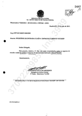 •
•
CIE~~~~~~:~~~L~~~FEOERALMJ - POLiclA FEDERAL
Memorando n" 0260/2015 - RE 0013/2015-1 DPF/Ml - GINQ
Brasflia/DF, 22 de maia de 2015.
Ao(Ă! DPF R1CARDO H1ROSHI
As,unto: REGISTROS DE ENTRADA E SAIDA- EMPRESAS ALBERTO YOUSSEF
Senhor Delegado,
Pela presente, solicita a V. Exa. DOS sejam encaminhados tod05 os registros de
entrada e safda dos predios e empresas do denunciado/colaborador AlbertaYoussef.
Atenciosamente,
~pDO PANA DE MEDEIROS
Delegado de PoHcia Federal
la Oasse - Matrfcula n° 14.982
SAS Quadra 6, Bloca A Ed. Sede do Deplll'tllmcnto de Policia Fedeml- Brasllia/DF - CEP 70.031·900
RE N" 0013/2015-1
2487
(J
37022289859
Inq
3989
 