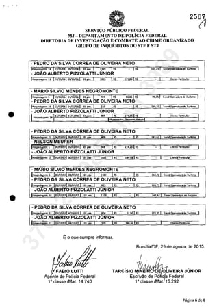 , , ' .
•
•
•' .. '
, .', . ,
25~
SIi:RVII;O ,PUBLICO FIi:DERAL
M.I - DIi:PARTAMIi:NTO DE POLicIA FIi:DERAL
DIRETORIA DIi: INVIi:STIGAI;ĂO E COMBATIi: AO CRIMIi: ORGANIZADO
GRUPO DIi: INQUERITOS DO STF E STJ
- PEDRO DA SILVA CORREA DE OLiVEIRA NETO
IH~agem: 14 !27/11/Ofi! 2s111/06! 01 pax I 1105 1R$
- JOÂO ALBERTO PIZZOLATTI JUNIOR
- IRS 103,251 TrendOpemdoradeTurismo I
Hospedagem: 13 27/11/Ofi 28/11/06 01 pax 1605 RS 171,80 RS dlente Particular
- MARIO SILVIO MENDES NEGROMONTE
IHospedagem: 5 113112/06114/12/061 01 pax 1 404 1 RS 82,861 RS 99,751 TrendOperadoradeTurbmo I
- PEDRO DA SILVA CORREA DE OLiVEIRA NETO
IH~agem: 16 113112/06114/12/061 01 pax 1 210 1RS - 1 RS
- JOĂO ALBERTO PIZZOLATTI JUNIOR
329,311 TrendOperadoradeTurlsmo 1
II Hospedagem: 14 13/12/06 14/11/06 02 805 RS 271,05 RS ClientI' Particular
- PEDRO DA SILVA CORREA DE OLiVEIRA NETO
btosped!§em: 1 104/03/071 05/03/071 01 pax t ~8 IRS
- JOAO ALBERTO PIZZOLATTI JUNIOR
214.21 IR$ ClientI' Particular
Hosped em: 15 05/03/07 06/03/07 01 pax: 1805
" 184.48 R$ ClientI' Particular
- MARIO SILVIO MENDES NEGROMONTE
112,721 TrendOperadoradeTurlsmo I
- PEDRO DA SILVA CORREA DE OLiVEIRA NETO
IHospedallem:26 102/07/07103/07/071 01pax 1 603 1 R$
- JOAO ALBERTO PIZZOLATTI JUNIOR
120,731 Trend Operadora de Turismo I
1l!:Iospedagem: 18 02/07/07 03/07/07 01 pax i 1108 RS
" 347,63 Trend Operndorn de Turl,",o
- PEDRO DA SILVA CORREA DE OLiVEIRA NETO
IHosped,gs:em: 32 103/10/07 4/10/207 1 01 pax I ~ 1 R$
- JOAO ALBERTO PIZZOLATTI JUNIOR
52.50 IR$ 177,35 1 Trend Ope,adora de Turl,",o 1
Hospeda em: 21 03/10/07 04/10/07 01 ax $05
" 386.96 R$ - .1 Cllente Particular
EO que cumpre informar.
Brasilia/DF, 25 de agasta de 2015,
Agente de Palicia Federal
l' classe IMat. 14,740
TARCislO Jgl~'q.JVEIRAJUNIOR
Escrivăa de PaHc/a Federal
l' classe IMat. 16,292
Pagina 6 de 6
37022289859
Inq
3989
 