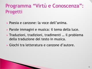 Applicando una metodologia di apprendimento: “Learning
by Thinking - Learning by Doing - Learning by Use” il
progetto:
utilizza le potenzialità formative della canzone
d’autore come risorsa per preparare a uno studiod’autore come risorsa per preparare a uno studio
sistematico e organico della letteratura italiana e
straniera e delle sue tipiche forme espressive;
attiva una riflessione sui limiti e le potenzialità del
linguaggio iconico come strumento di descrizione e
commento per la canzone.
14
al programma partecipa il cantautore Max Manfredi
 
