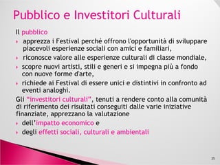 ImpattodellaFesta
ProgettoBiennale
I NUMERI
RACCONTANO
LA STORIA
e supportano la
pianificazione futura
Impatto
ProgettoBiennale
25
pianificazione futura
Impatto economico.
Effetti sociali, culturali, ambientali.
Sostenibilità.
 