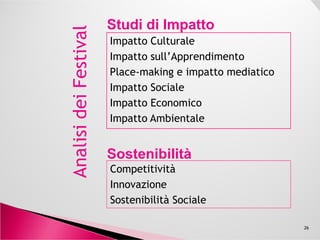 Il pubblicopubblico
apprezza i Festival perché offrono l'opportunità di sviluppare
piacevoli esperienze sociali con amici e familiari,
riconosce valore alle esperienze culturali di classe mondiale,
scopre nuovi artisti, stili e generi e si impegna più a fondo
con nuove forme d'arte,
richiede ai Festival di essere unici e distintivi in confronto adrichiede ai Festival di essere unici e distintivi in confronto ad
eventi analoghi.
Gli “investitori culturali”“investitori culturali”, tenuti a rendere conto alla comunità
di riferimento dei risultati conseguiti dalle varie iniziative
finanziate, apprezzano la valutazione
dell’’impatto economicoimpatto economico e
degli effettieffetti socialisociali,, culturaliculturali ee ambientaliambientali
26
 