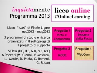 inquietamente
Programma 2013Programma 2013
Progetto 1Progetto 1 Progetto 2Progetto 2
ImpattoVirtù e
Liceo “Issel” di Finale Ligure
nov2012 – mag2013
3 programmi di studio e ricerca
7
Progetto 4Progetto 4
Impatto
della Festa
Virtù e
Conoscenza
WebCom
Progetto 3Progetto 3
MOOC
3 programmi di studio e ricerca
organizzati in 8 sottoprogetti
1 progetto di supporto
5 Classi (II C, III E, IV D, IV E, IV C)
6 Docenti (M. Gianni, V. Massara,
L. Maule, D. Paola, C. Romeni,
G. Russo)
 