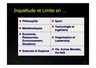 Inquiétude et Limite en …

   Philosophie           Sport

                         Technologie et
   Mathématiques
                         Ingénierie
   Economie,
   Ressources,           Organisation et
   Environnement,        Leadership
   Situations
                         Vie, Autres Mondes,
   Sciences et Espèces
                         Au-delà


                                               7
 
