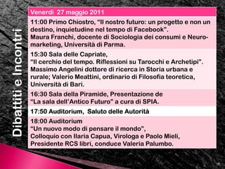 Gli Inquieti e il Futuro«Gli inquieti non si macerano nel timore del  futuro. Il pulsare di Eros li muove a superare i limiti dentro e fuori se stessi e a guardare avanti».«Come alchimisti, vogliono andare oltre al conosciuto per “scoprire”, per progettare il nuovo nei diversi contesti in cui operano».«In loro risuona forte l’orazione dell’Ulisse dantesco ai suoi compagni per convincerli ad un’impresa sconosciuta “Considerate la vostra semenza: fatti non foste a viver come bruti ma per seguir virtute e canoscenza”».«Tra sconfitte e delusioni, l’Inquietudine li sollecita a trasformare il conosciuto, a migliorare il tempo che verrà, a disegnare il futuro».11Elio Ferraris, Presidente del Circolo degli Inquieti