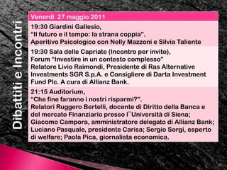 2 Mostre1 Concorso Fotografico8 Progetti Inquieta-Mente51 Ospiti di cui:34 relatori  4 docenti coordinatori progetti   8 docenti tutor di progetto    5 coordinatori degli incontri27 eventi inclusi: 4 spettacoli 2 aperitivi psicologici 1 Sala dell'Antico Futuro13I Numeri della Festa