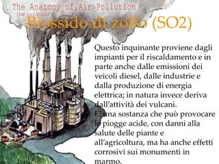 Biossido di zolfo (SO2)
Questo inquinante proviene dagli
impianti per il riscaldamento e in
parte anche dalle emissioni dei
veicoli diesel, dalle industrie e
dalla produzione di energia
elettrica; in natura invece deriva
dall’attività dei vulcani.
E’ una sostanza che può provocare
le piogge acide, con danni alla
salute delle piante e
all’agricoltura, ma ha anche effetti
corrosivi sui monumenti in
marmo.
 