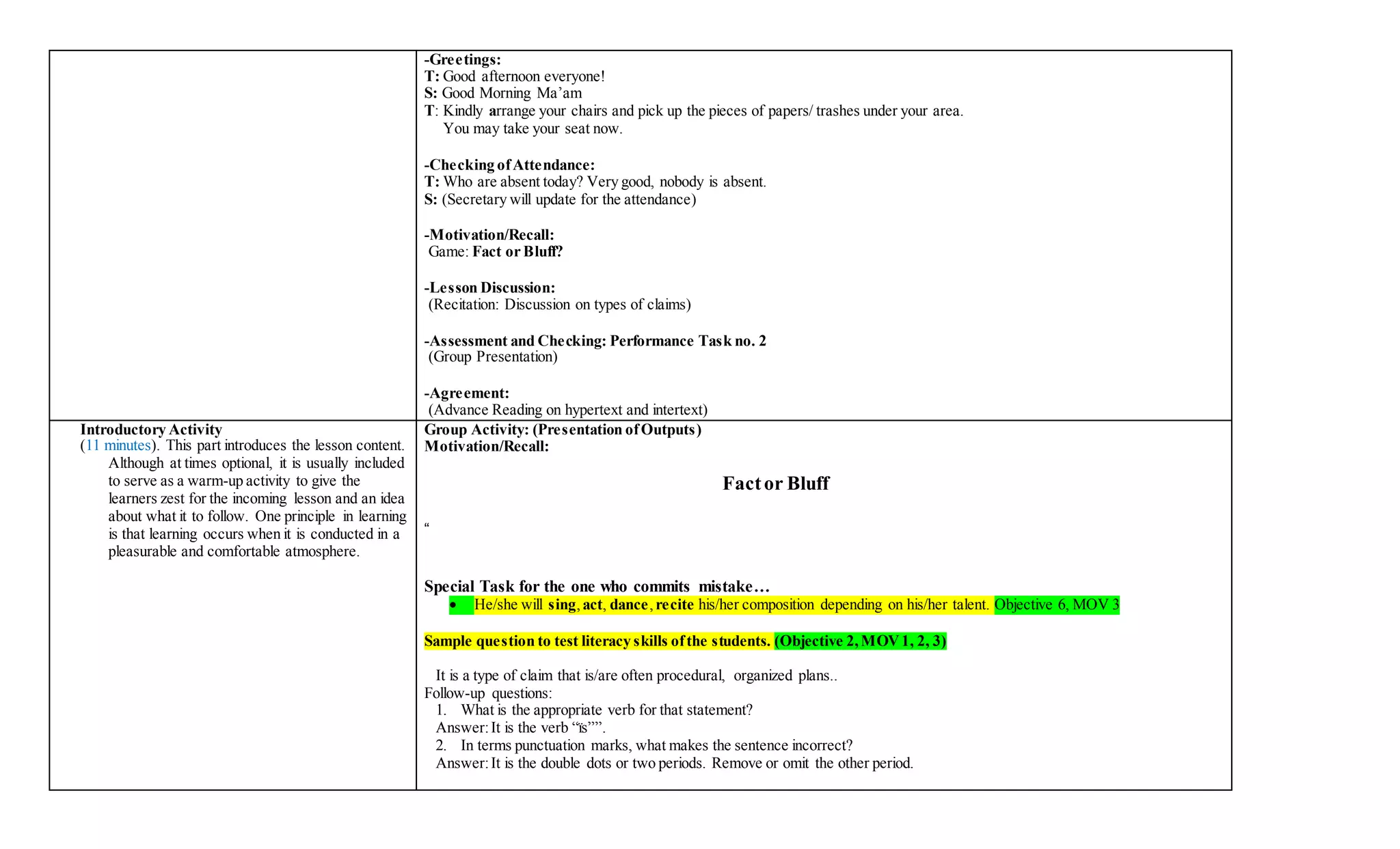 -Greetings:
T: Good afternoon everyone!
S: Good Morning Ma’am
T: Kindly arrange your chairs and pick up the pieces of papers/ trashes under your area.
You may take your seat now.
-Checking ofAttendance:
T: Who are absent today? Very good, nobody is absent.
S: (Secretary will update for the attendance)
-Motivation/Recall:
Game: Fact or Bluff?
-Lesson Discussion:
(Recitation: Discussion on types of claims)
-Assessment and Checking: Performance Task no. 2
(Group Presentation)
-Agreement:
(Advance Reading on hypertext and intertext)
Introductory Activity
(11 minutes). This part introduces the lesson content.
Although at times optional, it is usually included
to serve as a warm-up activity to give the
learners zest for the incoming lesson and an idea
about what it to follow. One principle in learning
is that learning occurs when it is conducted in a
pleasurable and comfortable atmosphere.
Group Activity: (Presentation ofOutputs)
Motivation/Recall:
Factor Bluff
“
Special Task for the one who commits mistake…
 He/she will sing,act, dance,recite his/her composition depending on his/her talent. Objective 6, MOV 3
Sample question to test literacy skills ofthe students. (Objective 2,MOV1, 2, 3)
It is a type of claim that is/are often procedural, organized plans..
Follow-up questions:
1. What is the appropriate verb for that statement?
Answer:It is the verb “ïs””.
2. In terms punctuation marks, what makes the sentence incorrect?
Answer:It is the double dots or two periods. Remove or omit the other period.
 