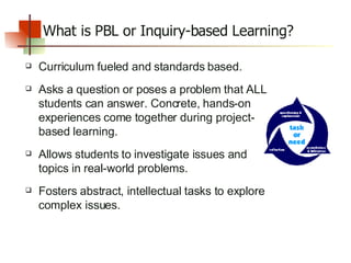 What is PBL or Inquiry-based Learning?   Curriculum fueled and standards based. Asks a question or poses a problem that ALL students can answer. Concrete, hands-on experiences come together during project-based learning. Allows students to investigate issues and topics in real-world problems. Fosters abstract, intellectual tasks to explore complex issues. 