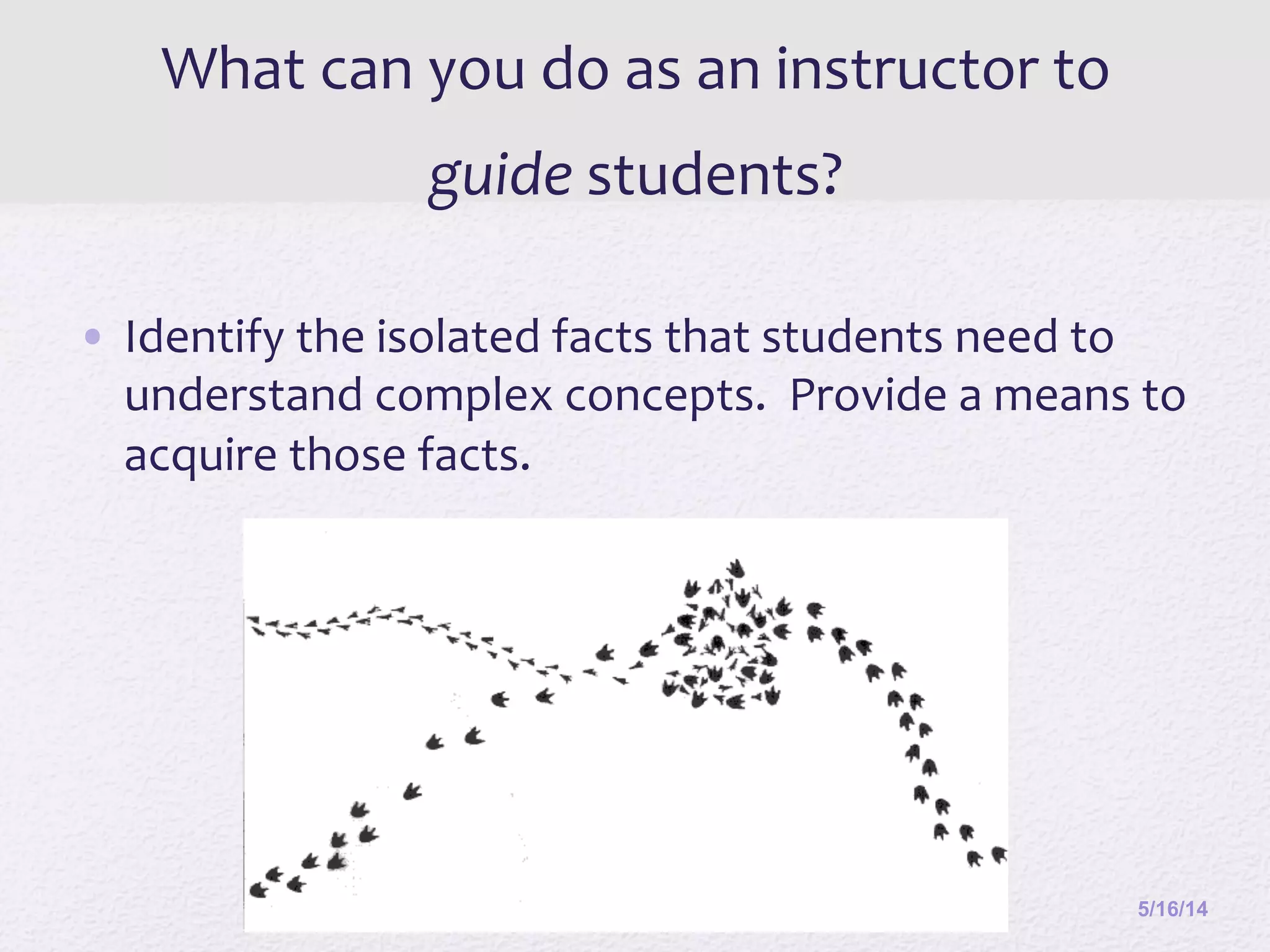 What	
  can	
  you	
  do	
  as	
  an	
  instructor	
  to	
  
guide	
  students?	
  
•  Identify	
  the	
  isolated	
  facts	
  that	
  students	
  need	
  to	
  
understand	
  complex	
  concepts.	
  	
  Provide	
  a	
  means	
  to	
  
acquire	
  those	
  facts.	
  	
  
	
  
	
  
5/16/1433
 