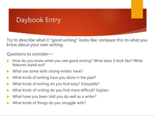 Daybook Entry
Try to describe what it “good writing” looks like; compare this to what you
know about your own writing.
Questions to consider—
 How do you know when you see good writing? What does it look like? What
features stand out?
 What are some skills strong writers have?
 What kinds of writing have you done in the past?
 What kinds of writing do you find easy? Enjoyable?
 What kinds of writing do you find more difficult? Explain.
 What have you been told you do well as a writer?
 What kinds of things do you struggle with?
 