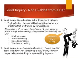 Good Inquiry- Not a Rabbit from a Hat
1. Good inquiry doesn’t appear out of thin air or a vacuum.
• Topics do that… but we will be focused on issues and
problems that are framed by conversations.
The beginning of real inquiry has a “source” (a news report, an
article, a song, a documentary, a blog) to establish and clarify the
idea--
• Read something
• Watch something
• Listen to something
• Talk about something
2. Good inquiry stems from natural curiosity- from a question
about whether or not something is true, or why so many
people believe something, how something happens…
Abracada
bra…
Inquiry
 