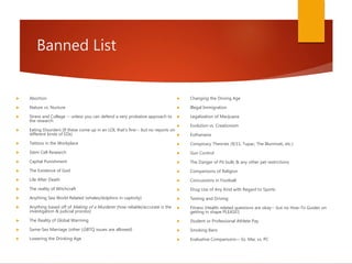 Banned List
 Abortion
 Nature vs. Nurture
 Stress and College -- unless you can defend a very probative approach to
the research
 Eating Disorders (If these come up in an LOI, that's fine-- but no reports on
different kinds of EDs)
 Tattoos in the Workplace
 Stem Cell Research
 Capital Punishment
 The Existence of God
 Life After Death
 The reality of Witchcraft
 Anything Sea World Related (whales/dolphins in captivity)
 Anything based off of Making of a Murderer (how reliable/accurate is the
investigation & judicial process)
 The Reality of Global Warming
 Same-Sex Marriage (other LGBTQ issues are allowed)
 Lowering the Drinking Age
 Changing the Driving Age
 Illegal Immigration
 Legalization of Marijuana
 Evolution vs. Creationism
 Euthanasia
 Conspiracy Theories (9/11, Tupac, The Illuminati, etc.)
 Gun Control
 The Danger of Pit bulls & any other pet restrictions
 Comparisons of Religion
 Concussions in Football
 Drug Use of Any Kind with Regard to Sports
 Texting and Driving
 Fitness (Health related questions are okay-- but no How-To Guides on
getting in shape PLEASE!)
 Student or Professional Athlete Pay
 Smoking Bans
 Evaluative Comparisons-– Ex. Mac vs. PC
 