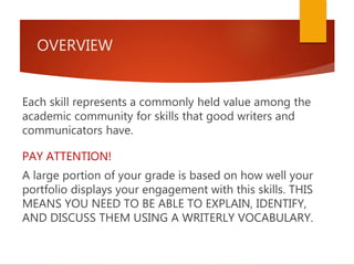 OVERVIEW
Each skill represents a commonly held value among the
academic community for skills that good writers and
communicators have.
PAY ATTENTION!
A large portion of your grade is based on how well your
portfolio displays your engagement with this skills. THIS
MEANS YOU NEED TO BE ABLE TO EXPLAIN, IDENTIFY,
AND DISCUSS THEM USING A WRITERLY VOCABULARY.
 