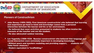 Pioneers of Constructivism
 John Dewey (1859-1952). First American constructivist who believed that learning
and experience go hand in hand and knowledge comes from a personal
interaction between the learner and his or her environment.
- He believed that most activities presented to students too often involve the
interests of the teacher and not the student.
- He also advocated outdoor learning.
 Lev Vygotsky (1896-1934: Russian constructivist who believed that language and
social interaction were extremely important in developing knowledge.
- Without peers and teachers modeling and providing support, students will
“take fewer chances.”
- Modern equivalent is “scaffolding.”
 