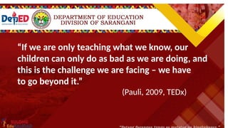 Inquiry Level 4 Description Example
OPEN INQUIRY
At the highest level of Inquiry-Based Learning,
within broad parameter, learners establish
ownership of the experiment and findings.
They are allowed to choose a topic or idea that
is of interest and begin to formulate their own
research question(s) and design a procedure to
conduct the study. Once the study is complete,
you may have them prepare a report or
presentation detailing the findings and results.
You direct students to choose an edible
substance and analyze how it chemically
interacts with the human body.
“If we are only teaching what we know, our
children can only do as bad as we are doing, and
this is the challenge we are facing – we have
to go beyond it.”
(Pauli, 2009, TEDx)
 