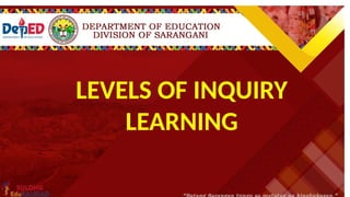 Inquiry Level 4 Description Example
OPEN INQUIRY
At the highest level of Inquiry-Based Learning,
within broad parameter, learners establish
ownership of the experiment and findings.
They are allowed to choose a topic or idea that
is of interest and begin to formulate their own
research question(s) and design a procedure to
conduct the study. Once the study is complete,
you may have them prepare a report or
presentation detailing the findings and results.
You direct students to choose an edible
substance and analyze how it chemically
interacts with the human body.
LEVELS OF INQUIRY
LEARNING
 