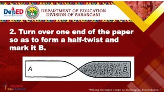 2. Turn over one end of the paper
so as to form a half-twist and
mark it B.
 