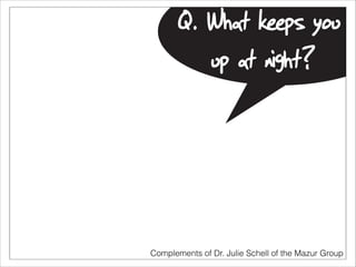 Q. What keeps you
up at night?

Complements of Dr. Julie Schell of the Mazur Group

 