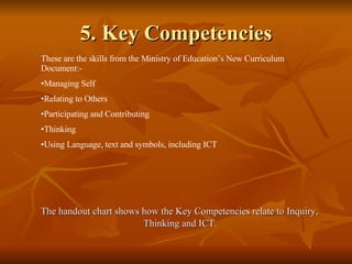 5. Key Competencies The handout chart shows how the Key Competencies relate to Inquiry, Thinking and ICT. These are the skills from the Ministry of Education’s New Curriculum Document:- Managing Self Relating to Others Participating and Contributing Thinking Using Language, text and symbols, including ICT 