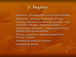 1. Inquiry Immersion – generating interest in an issue or problem Questioning – setting up the questions for study Accessing information to answer the questions – what is relevant to the study  -  becoming an expert Organising the information – to help raise the level of thinking about the issue/problem Drawing conclusions - about the issue/problem - creating a solution  Presenting the results for comment Evaluating the process 