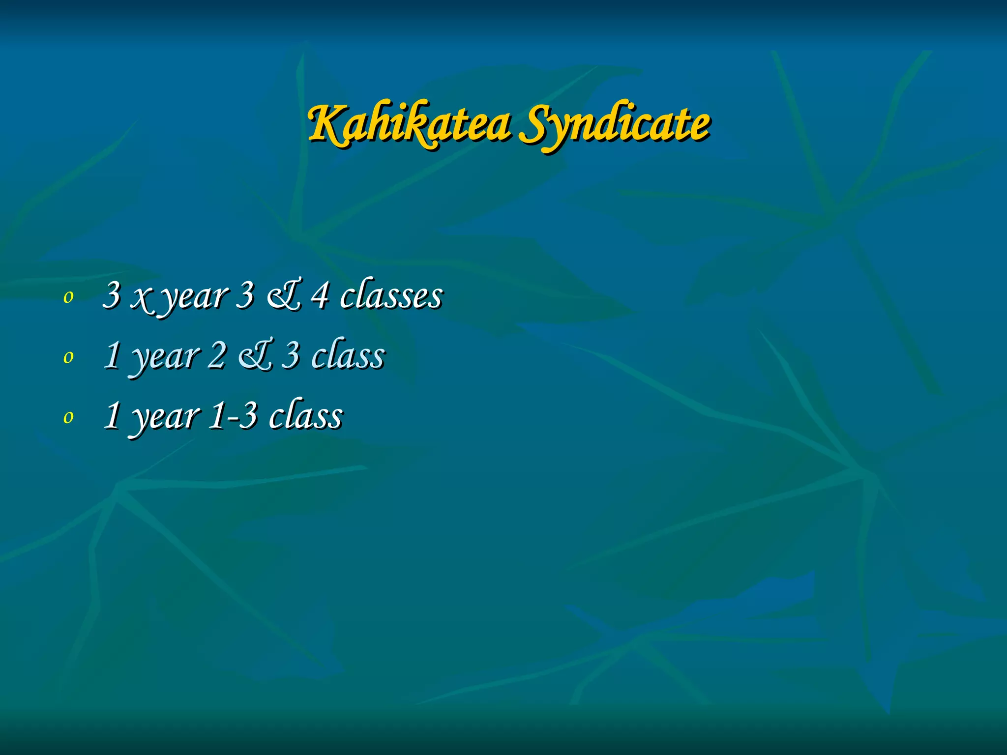 Kahikatea Syndicate   3 x year 3 & 4 classes 1 year 2 & 3 class 1 year 1-3 class 