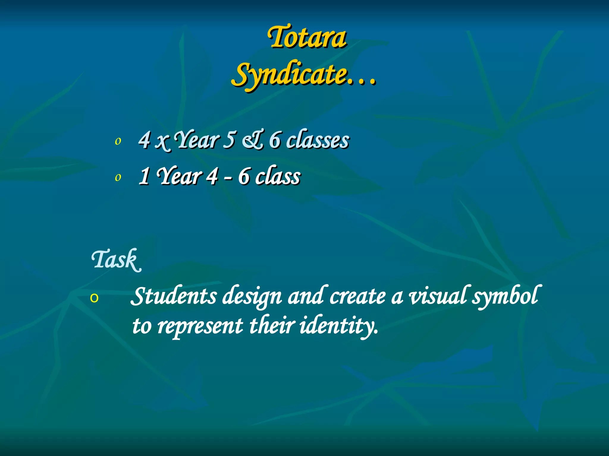 Totara Syndicate… 4 x Year 5 & 6 classes 1 Year 4 - 6 class Task Students design and create a visual symbol to represent their identity. 