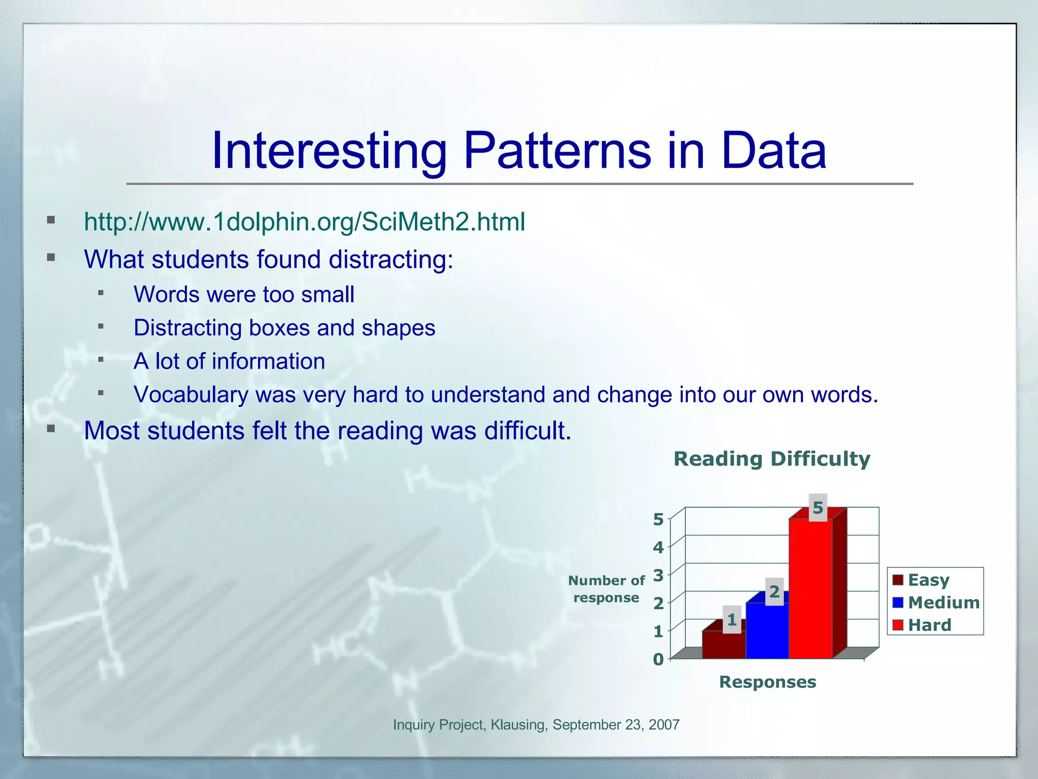 Interesting Patterns in Data http://www.1dolphin.org/SciMeth2.html What students found distracting: Words were too small Distracting boxes and shapes A lot of information Vocabulary was very hard to understand and change into our own words. Most students felt the reading was difficult. 