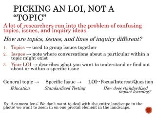 A lot of researchers run into the problem of confusing
topics, issues, and inquiry ideas.
How are topics, issues, and lines of inquiry different?
1. Topics → used to group issues together
2. Issues → note where conversations about a particular within a
topic might exist
3. Your LOI → describes what you want to understand or find out
about or within a specific issue
General topic → Specific Issue → LOI--Focus/Interest/Question
Education Standardized Testing How does standardized
impact learning?
Ex. A camera lens: We don’t want to deal with the entire landscape in the
photo; we want to zoom in on one pivotal element in the landscape.
 