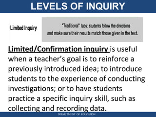 LEVELS OF INQUIRY
Limited/Confirmation inquiry is useful
when a teacher’s goal is to reinforce a
previously introduced idea; to introduce
students to the experience of conducting
investigations; or to have students
practice a specific inquiry skill, such as
collecting and recording data.
DEPAR TMENT OF EDUCATION
 