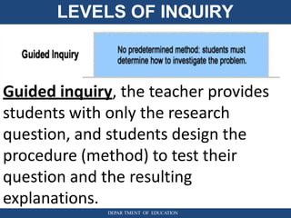 LEVELS OF INQUIRY
Guided inquiry, the teacher provides
students with only the research
question, and students design the
procedure (method) to test their
question and the resulting
explanations.
DEPAR TMENT OF EDUCATION
 