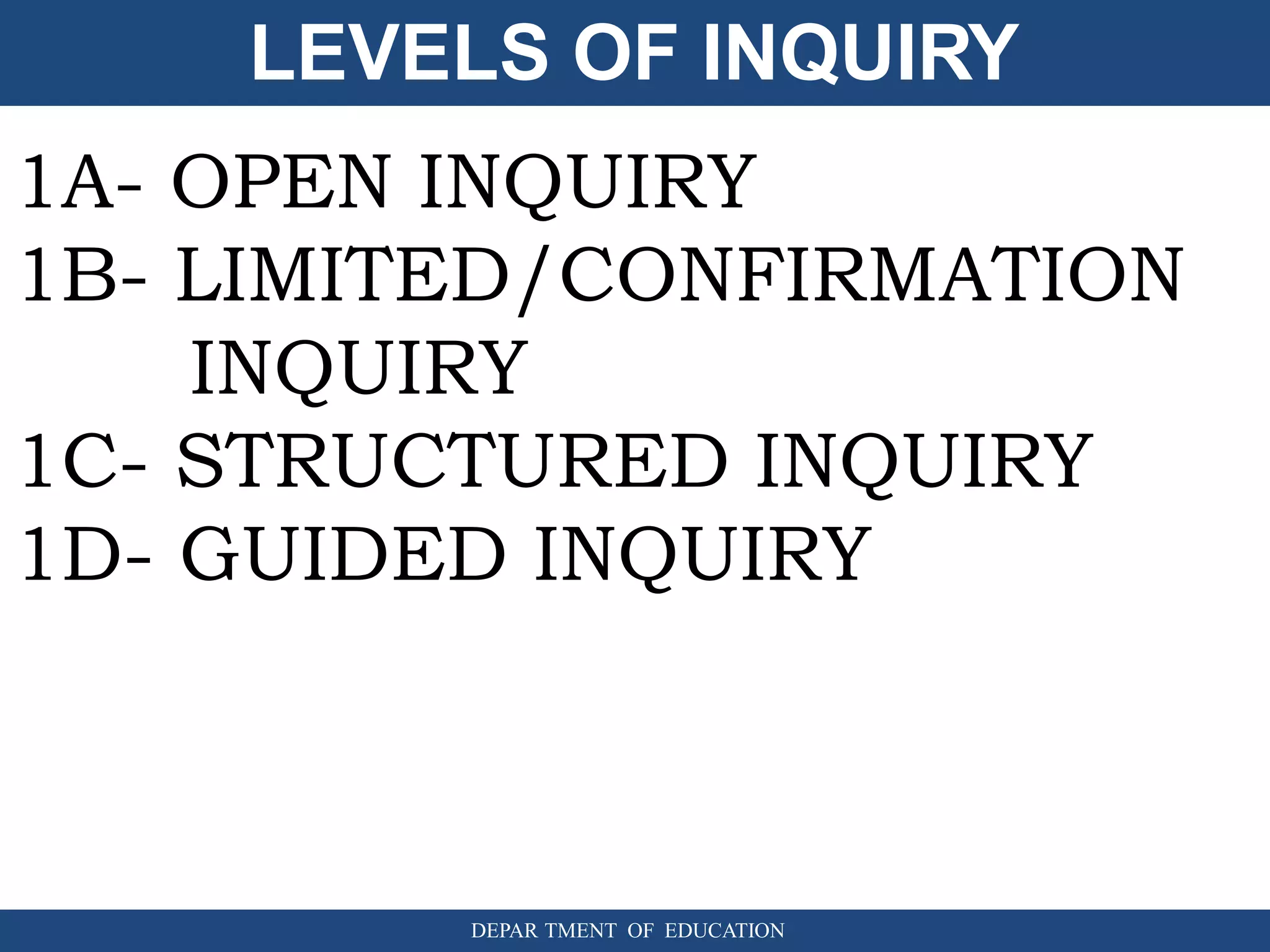 LEVELS OF INQUIRY
DEPAR TMENT OF EDUCATION
1A- OPEN INQUIRY
1B- LIMITED/CONFIRMATION
INQUIRY
1C- STRUCTURED INQUIRY
1D- GUIDED INQUIRY
 