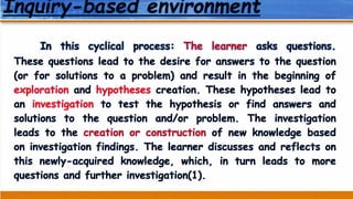Inquiry-based environment
In this cyclical process: The learner asks questions.
These questions lead to the desire for answers to the question
(or for solutions to a problem) and result in the beginning of
exploration and hypotheses creation. These hypotheses lead to
an investigation to test the hypothesis or find answers and
solutions to the question and/or problem. The investigation
leads to the creation or construction of new knowledge based
on investigation findings. The learner discusses and reflects on
this newly-acquired knowledge, which, in turn leads to more
questions and further investigation(1).
 