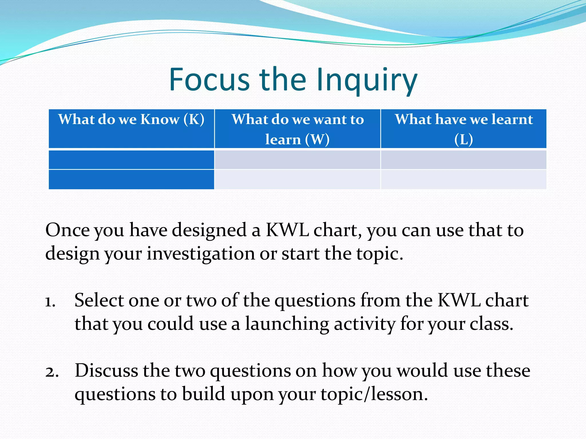 Focus the Inquiry
 What do we Know (K)   What do we want to   What have we learnt
                          learn (W)                (L)




Once you have designed a KWL chart, you can use that to
design your investigation or start the topic.

1. Select one or two of the questions from the KWL chart
   that you could use a launching activity for your class.

2. Discuss the two questions on how you would use these
   questions to build upon your topic/lesson.
 