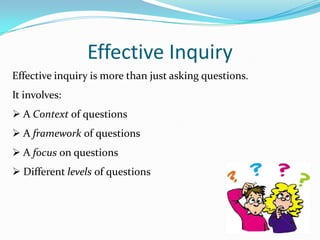 Effective Inquiry
Effective inquiry is more than just asking questions.
It involves:
 A Context of questions
 A framework of questions
 A focus on questions
 Different levels of questions
 
