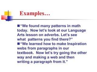 Examples…

“We found many patterns in math
today. Now let’s look at our Language
Arts lesson on adverbs. Let’s see
what patterns you find there?”
“We learned how to make Inspiration
webs from paragraphs in our
textbook. Now let’s try going the other
way and making a web and then
writing a paragraph from it.”
 
