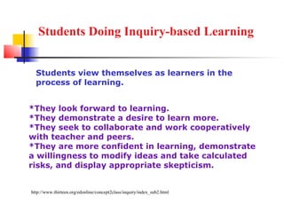 Students Doing Inquiry-based Learning


  Students view themselves as learners in the
  process of learning.


*They look forward to learning.
*They demonstrate a desire to learn more.
*They seek to collaborate and work cooperatively
with teacher and peers.
*They are more confident in learning, demonstrate
a willingness to modify ideas and take calculated
risks, and display appropriate skepticism.


http://www.thirteen.org/edonline/concept2class/inquiry/index_sub2.html
 