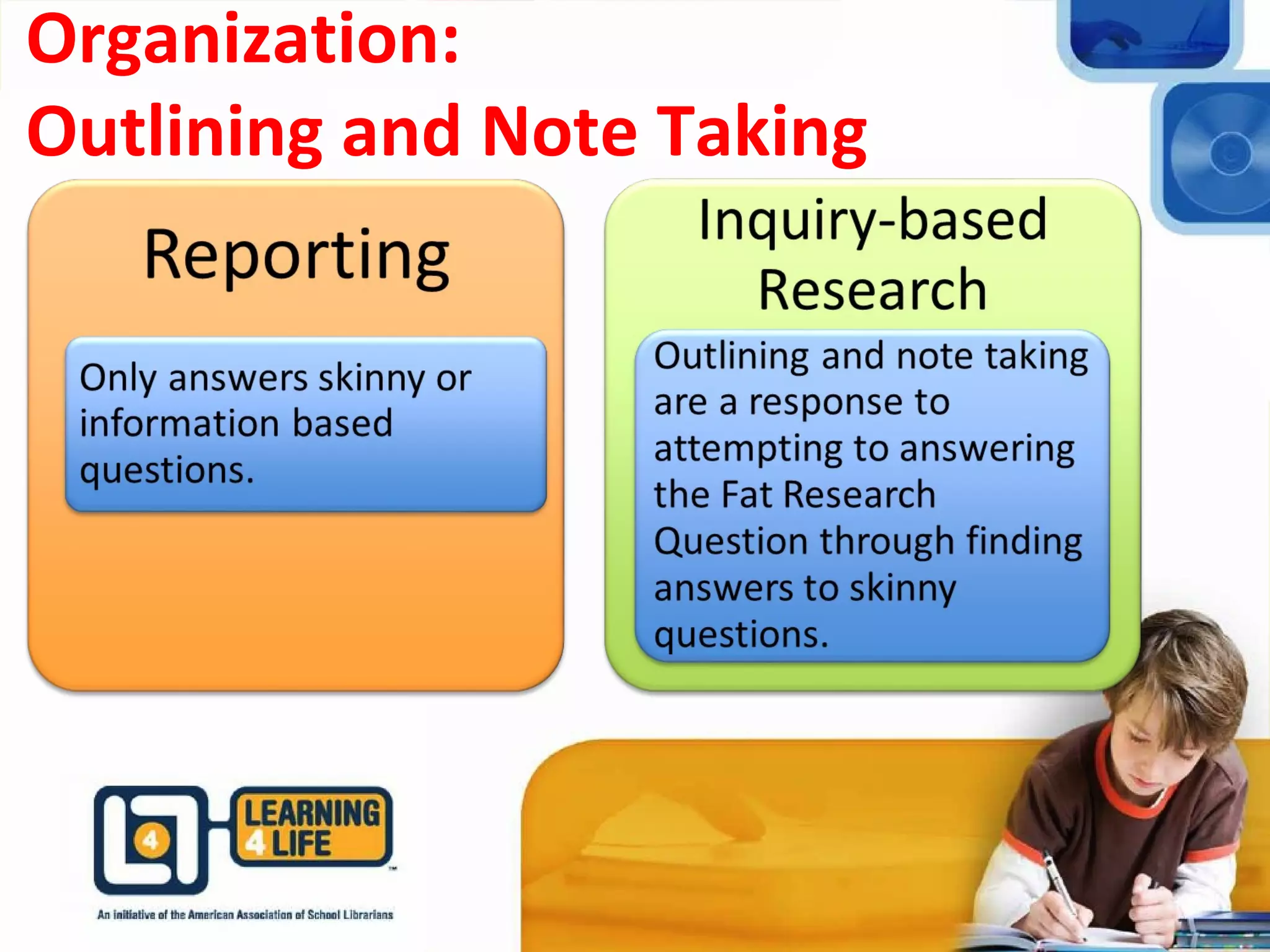 Organization:
Outlining and Note Taking
 